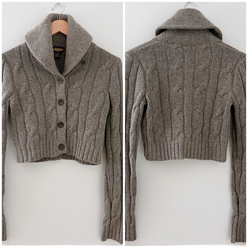 Ralph Lauren Rugby Cropped Cardigan Cashmere Lambswool Blend Preppy Cable Medium - Picture 12 of 13